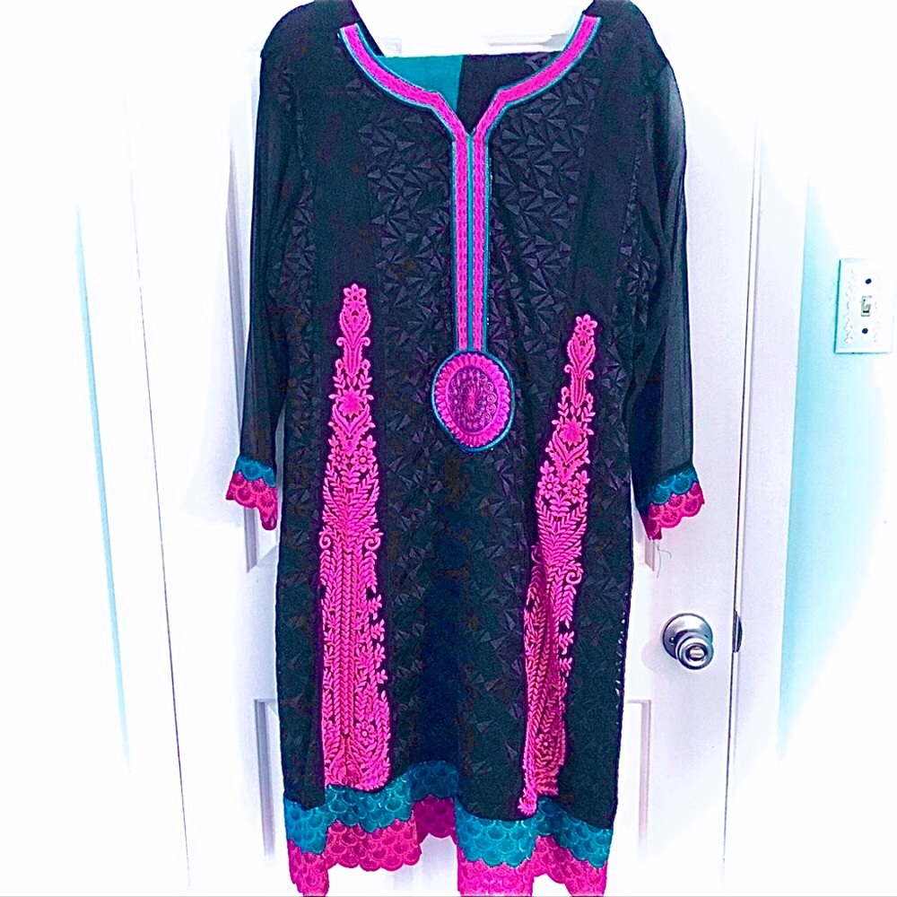 2-Piece Pakistani/Indian Maxi Dress & Dupata Black/Pink/Green Embroidered & Lace